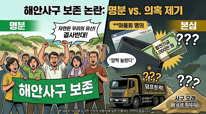 '자연 보존'을 내세운 이호동 갈등의 이면으로 뒤늦게 드러난 거액의 발전기금 요구와 사구 모래 반출 의혹이 마을회의 명분을 뒤흔들고 있다. (AI 생성 이미지)