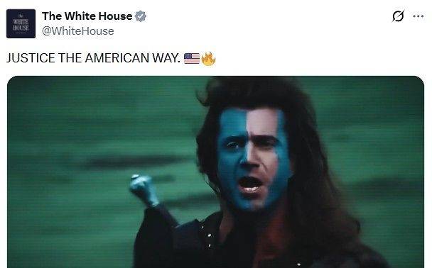 지난 6일 백악관은 ‘미국식 정의’란 글과 함께 게시한 영상에서 브레이브하트 등 미국 유명 헐리우드 영화와 미군의 이란 공격 장면을 이어붙인 영상을 올렸다. 백악관 X 캡처