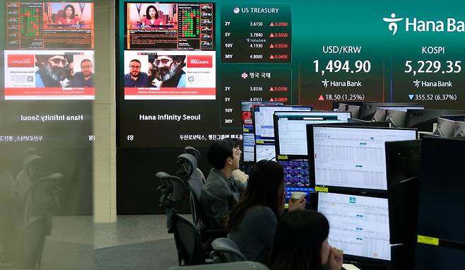 지난 9일 서울 중구 하나은행 딜링룸 전광판에 코스피 등 시황이 표시되고 있다. /사진=뉴스1