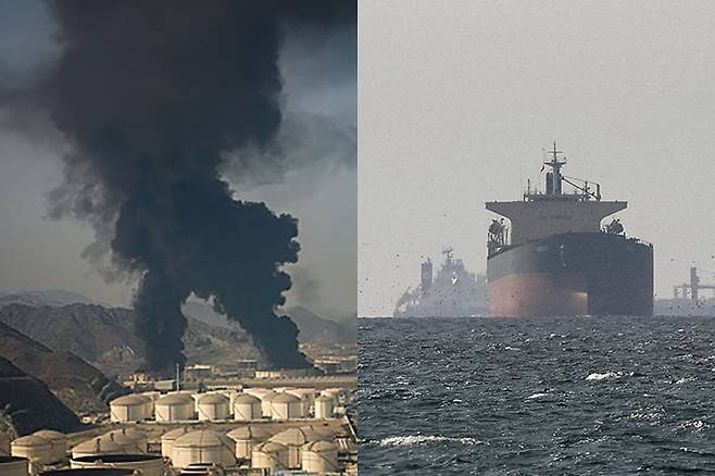이란 공격 받은 UAE 푸자이라 항구. 오른쪽은 멈춰있는 유조선의 모습. 연합뉴스