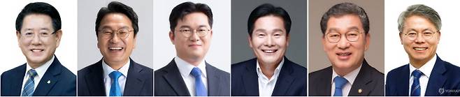 더불민주당 전남광주통합특별시장 경선 후보왼쪽부터 경선 후보 기호순으로 김영록, 강기정, 정준호, 주철현, 신정훈, 민형배 등 민주당 전남광주통합특별시장 후보 6명. /연합뉴스