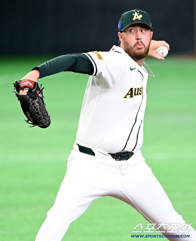 5일 일본 도쿄돔에서 열린 WBC(월드베이스볼클래식) 호주와 대만의 경기. 호주 잭 오러플린이 역투하고 있다. 도쿄(일본)=허상욱 기자wook@sportschosun.com/2026.03.05/