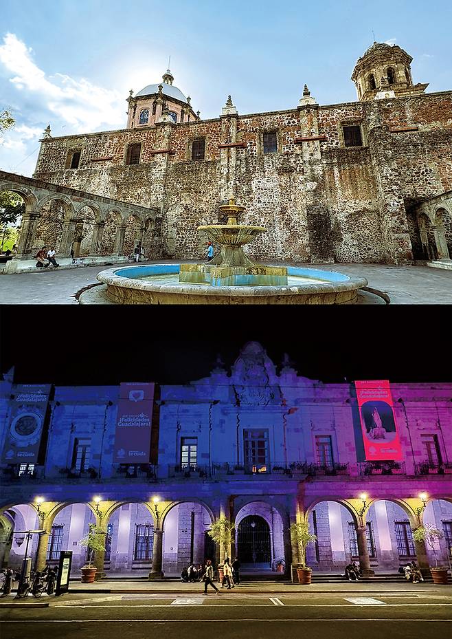 (위) 과달라하라의 역사와 전설이 깃든 신전, 로스 도스 템플로스 (아래) 형형색색 화려하게 불을 밝힌 도심의 거리