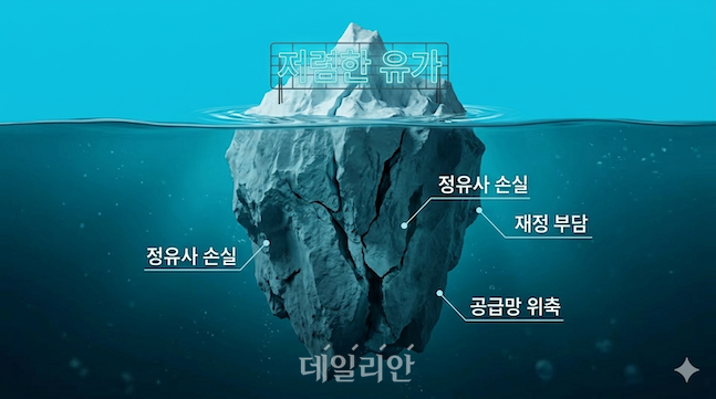 소비자가 체감하는 '낮은 유가'는 빙산의 일각일 뿐, 그 아래에는 정유사 손실과 국가 재정 부담, 공급망 위축이라는 거대한 경제적 비용이 도사리고 있음을 상징화한 인포그래픽. ⓒ제미나이