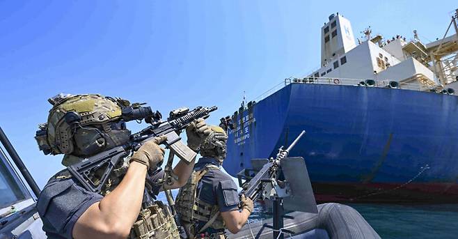 지난해 8월1일 경남 거제시 인근 해역에서 청해부대 파병을 앞두고 해군특수전전단(UDT) 대원 들이 한국 선박이 소말리아 해상에서 해적에 납치된 상황을 가정해 구출 훈련을 하고 있다. 해군 누리집