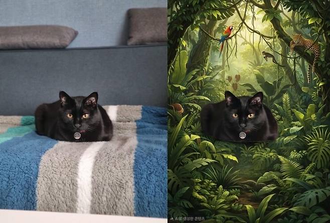 갤럭시 에스(S) 26 울트라의 생성형 인공지능으로 만든 이미지. 반려 고양이를 촬영 후 ‘정글 배경을 만들어달라’고 명령한 결과물. 권효중 기자