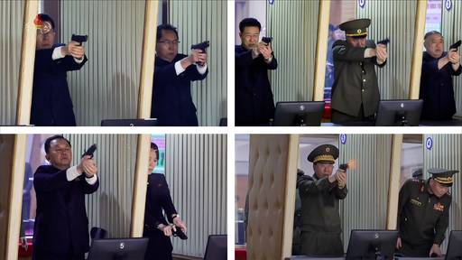 김여정 북한 노동당 총무부장(왼쪽 아래 두번째)이 11일 권총 등 휴대용 경량 무기를 생산하는 제2경제위원회 산하 중요 군수공장 실내 사격장에서 주요 간부들과 함께 신형 권총을 사격하고 있다. 조선중앙TV·연합뉴스