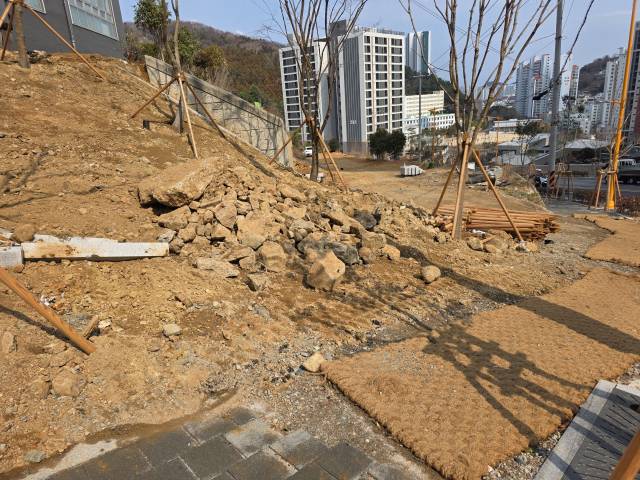 지난 13일 오후 부산 남구 신연초등학교 통학로 모습. 포장이 덜 된 도로 옆 성인 남성 머리 크기를 넘는 돌이 방치돼 있다. 김재량 기자 ryang@