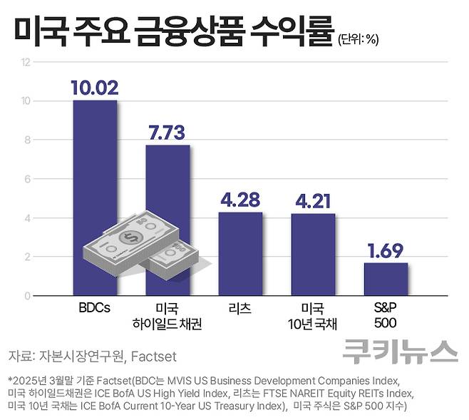 미국 상장 BDC의 평균 배당수익률은 대체로 연 8~11% 수준으로 전통적인 리츠(REITs)나 하이일드 채권보다 높은 편이다. 그래픽=한지영 디자이너
