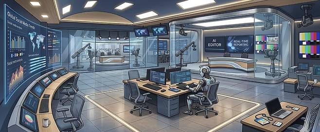 인공지능(AI)이 미칠 파장은 콘텐츠나 기자 단위부터 언론 산업 전반까지 전면적 변화를 예고하고 있다. 기존 상당 영역을 AI가 대체할 격변의 시기, 언론은 어떻게 변하게 되고 무엇을 대비해야 할까. 언론의 생존 자체가 위협받을 수 있는 상황에서 언론이 AI를 버틸 수 있을지, 공적 정보를 제공하는 생산자의 위기가 민주주의에 미칠 부정적 영향은 없을지 사회적 고민이 부상하고 있다. AI로 인해 변화할 뉴스룸의 모습을 제미나이의 AI 이미지 생성기 나노 바나나 2로 제작한 결과물.