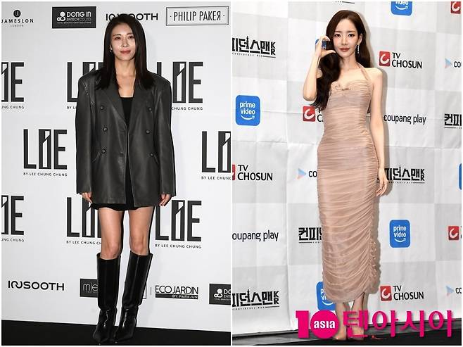 하지원과 박민영이 각 공식 행사 포토월에서 포즈를 취하고 있다./사진=텐아시아DB