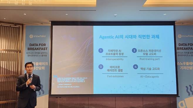이날 행사는 먼저 스노우플에이크는 최기영 한국 지사장이 나와 기업들의 AI 도입 방식이 어떻게 바뀌고 있는지를 짚으며 스노우플레이크의 역할을 소개했다. (사진=테크42)