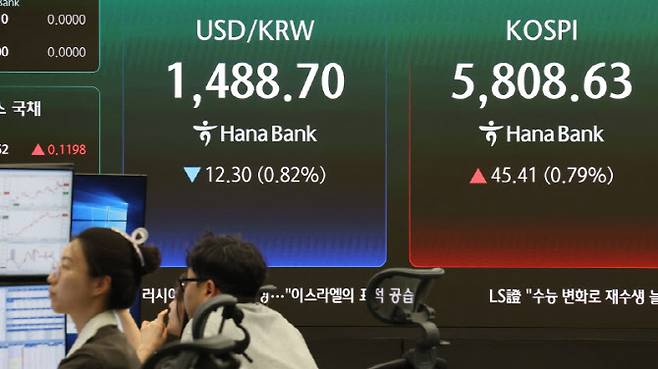 20일 오전 서울 중구 하나은행 본점 딜링룸에서 딜러가 업무를 보고 있다. 이날 오전 9시 3분 현재 코스피는 전장보다 39.36포인트(0.68%) 오른 5,802.58에 거래되고 있다. (사진=연합뉴스)