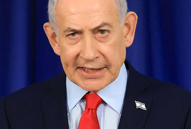 이스라엘 베냐민 네타냐후 총리가 19일(현지시간) 예루살렘에서 열린 기자회견에서 발언하고 있다. AP연합