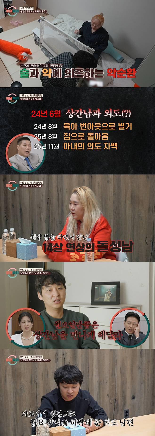 집안일과 육아는 뒤로 한 채 매일 술과 약에 의존하면서도 상간남과 매주 만나게 해달라고 요구하는 아내의 모습이 그려졌다. /사진=JTBC '이혼숙려캠프' 방송 화면