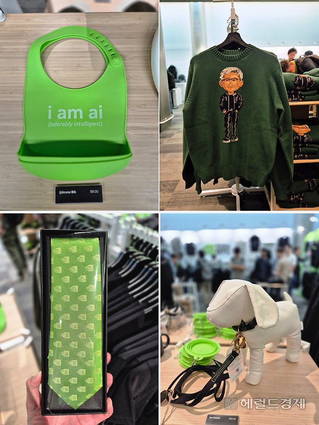 엔비디아는 GTC 2026 기간 미국 캘리포니아주 새너제이 맥에너리 컨벤션센터 1층에 위치한 굿즈(기념품) 매장에서 영유아용 턱받이, 젠슨 황 최고경영자(CEO)의 캐리커처가 새겨진 스웨터, 반려견 후드티·목줄, 넥타이 등을 판매했다. 김현일 기자.