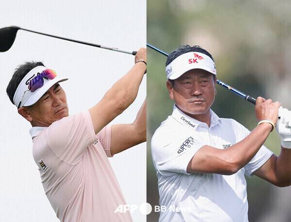 2026년 미국프로골프(PGA) 챔피언스투어 콜로가드 클래식에 출전한 양용은, 최경주 프로. 사진제공=ⓒAFPBBNews = News1 (사진을 무단으로 사용하지 마십시오.)