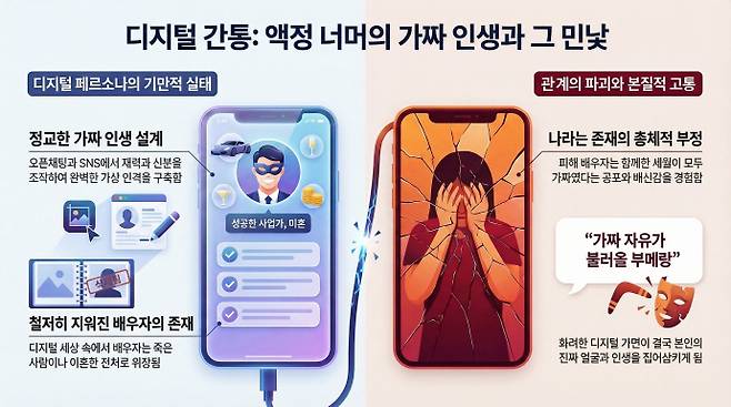 디지털 공간에서 완벽한 가짜 페르소나를 구축해 이중생활을 즐기는 '디지털 간통'이 배우자에게 물리적 외도 이상의 충격을 안긴다./남도일보·AI 생성 이미지