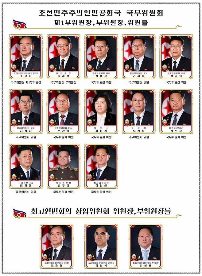북한 노동당 기관지 노동신문은 23일 “온 나라 전체 인민이 조선노동당 제9차 대회 결정을 받들고 위대한 우리 국가의 줄기찬 도약과 발전의 새로운 전성기를 열어나가기 위한 애국투쟁에 과감히 떨쳐나선 역사적 시기에 조선민주주의인민공화국 최고인민회의 제15기 제1차 회의가 수도 평양에서 개회되였다”고 보도했다. 북한이 공개한 국무위원회 명단. 평양 =노동신문 뉴스1