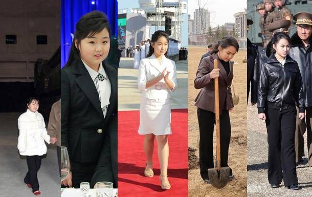 (왼쪽 사진부터) 2022년 11월 첫 등장부터 2023년 2월, 2025년 6월, 2026년 3월 14일과 19일의 김정은 북한 국무위원장의 딸 주애의 모습. 옷차림이 갈수록 성숙해지고 있다. 조선중앙통신
