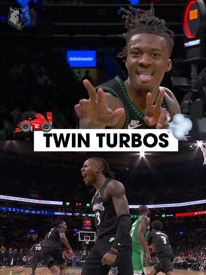 미네소타 하일랜드(위)와 도순무(아래)가 23일 TD가든에서 열린 보스턴과의 원정경기 중 환호하고 있다. 사진=미네소타 SNS