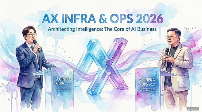 지난 24일 개최한 ‘AX INFRA & OPS 2026’은 단순한 기술 트렌드 공유를 넘어, AI 전환(AX)을 실제 성과로 연결하기 위한 실행 전략을 집중 조명한 자리로 꾸려졌다. 테크42는 이날 행사에서 첫 파트를 담당한 김기수 CJ올리브네트웍스 팀장(왼쪽)과 우승도 AWS 사업개발 담당(오른쪽)의 발표에 주목했다. (이미지=젠스파크로 생성)