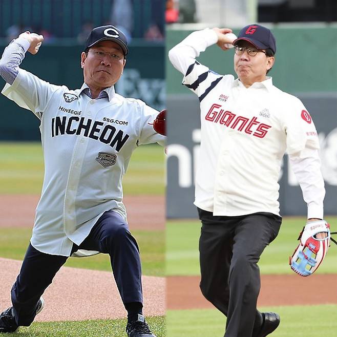 유정복 인천시장과 박형준 부산시장이 시구를 하는 모습. 사진 | 연합뉴스