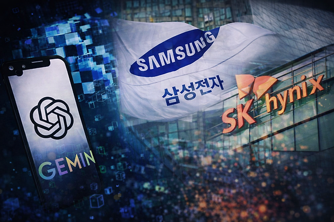 구글 제미나이와 삼성전자, SK하이닉스 로고 이미지 형상화./ChatCPT
