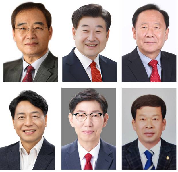 (위에서부터 시계방향으로) 국민의힘 예비후보 김동룡, 국민의힘 예비후보 박만우, 국민의힘 예비후보 박현국, 더불어민주당 예비후보 이상식, 국민의힘 예비후보 홍성구, 국민의힘 예비후보 최기영.