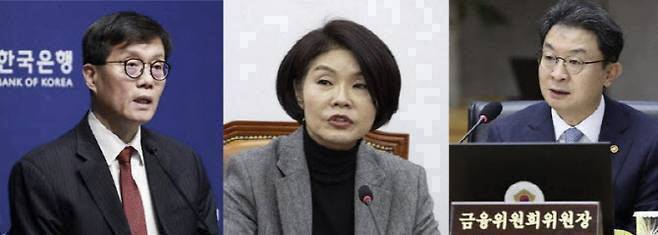한국은행은 50%+1주 은행 중심 컨소시엄, 금융위원회는 가상자산거래소 지분 규제, 더불어민주당 정책위원회는 50%+1주 및 지분 규제를 디지털자산기본법(2단계 입법)에 반영해야 한다는 입장이다. 이창용 한국은행 총재는 내달 퇴임하고 신현송 국제결제은행(BIS) 통화경제국장이 내달 21일 제28대 한국은행 총재로 취임할 예정이다. 사진은 이창용 한국은행 총재, 한정애 더불어민주당 정책위의장, 이억원 금융위원회 위원장 모습. (사진=한국은행, 연합뉴스)