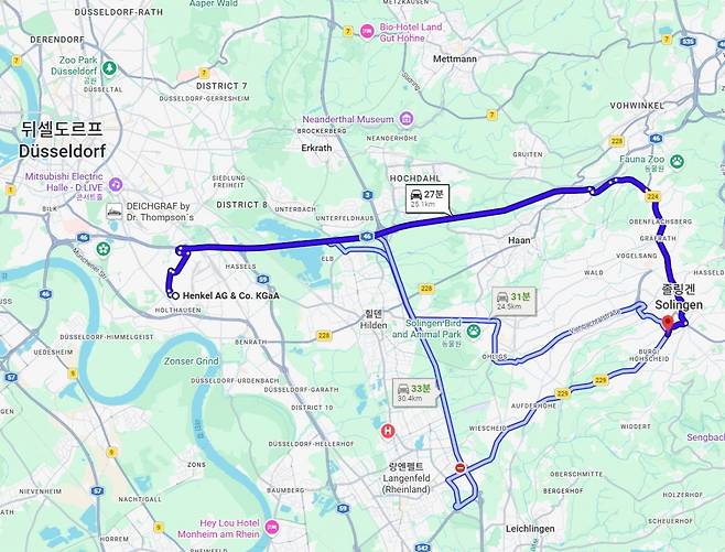 독일 헨켈과 헹켈의 본사는 차로 약 30분 거리에 떨어져 있다. /구글지도 캡쳐