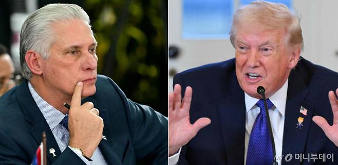 (AFP=뉴스1) 김경민 기자 = 미겔 디아스카넬 쿠바 대통령(왼쪽)과 도널드 트럼프 미국 대통령. 2026.3.17 ⓒ AFP=뉴스1 Copyright (C) 뉴스1. All rights reserved. 무단 전재 및 재배포, AI학습 이용 금지. /사진=(AFP=뉴스1) 김경민 기자