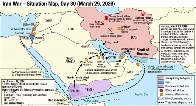 이란 전쟁이 29일(현지시간)로 한 달을 맞은 가운데, 미국은 에너지 시설 타격 시한을 10일 추가 연장했으나, 군사·핵·산업 표적 공습은 멈추지 않았다. 후티 참전으로 초크포인트 전쟁이 호르무즈를 넘어 바브엘만데브까지 확대됐고, 이란은 호르무즈를 유료 통행로로 전환하며 해협의 경제적 통제권을 장기 고착화하려는 움직임을 보이고 있다. 사진은 인공지능(AI) 도구를 활용해 제작한 전황 지도. 2026.3.29 서울신문