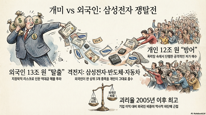 이번 주(23~27일) 증시의 핵심은 삼성전자, SK하이닉스, 현대차를 둘러싼 개인과 외국인의 정면충돌이었다. 개인의 순매수 상위 1~3위 종목은 외국인의 순매도 상위 1~3위 종목과 일치했다.(출처=구글 노트북LM)