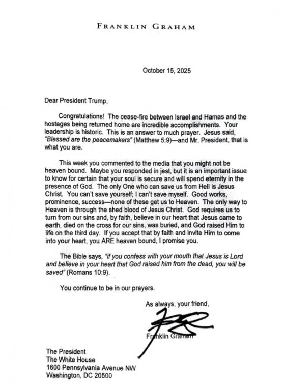 프랭클린 그레이엄 목사가 지난해 10월 트럼프 대통령에게 보낸 편지. 〈사진=트루스소셜 갈무리〉