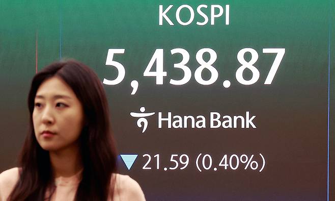 지난 27일 서울 중구 하나은행 본점 딜링룸 전광판에 종가가 표시되고 있다. 뉴스1