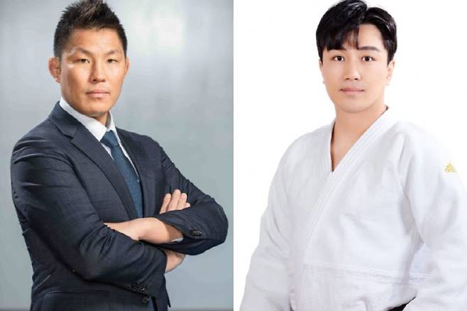 김재범(왼쪽) 대한체육회 경기력향상위원장. 황태원 부산경호고 유도부 감독. 사진=올파이츠 유니버스