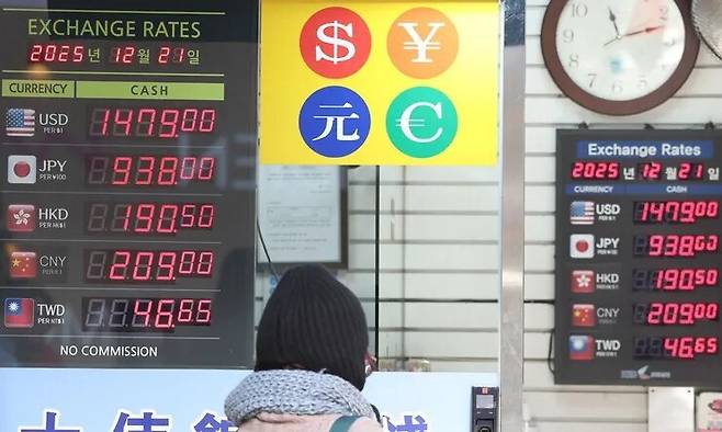 서울 명동의 환전소에 환율이 표시돼 있다. 연합뉴스