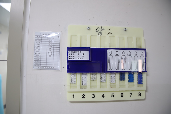 수용실 앞에 표기한 식단 표식으로 ‘양 2’는 수용자 중 2명이 양식을 먹는다는 뜻이다. 파란 색깔 표식은 마약사범 수용자가 있음을 의미한다. 법무부 제공
