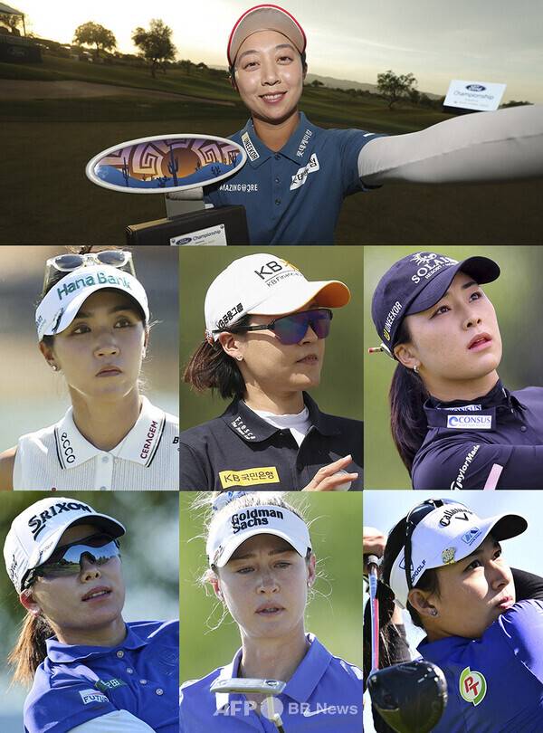 2026년 미국여자프로골프(LPGA) 투어 '포드 챔피언십 프리젠티드 바이 와일드 호스 패스' 우승을 차지한 김효주 프로. 함께 출전한 리디아 고(뉴질랜드), 전인지, 윤이나, 가쓰 미나미(일본), 넬리 코다(미국), 세계랭킹 1위 지노 티디꾼(태국). 사진제공=ⓒAFPBBNews = News1 (사진을 무단으로 사용하지 마십시오.)