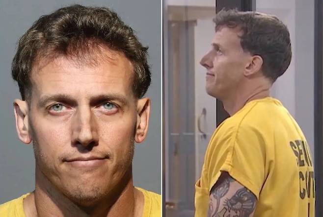 플로리다에서 미성년 학생 대상 성범죄 등 혐의로 체포된 전 중학교 교사 대니얼 르 리에브르의 머그샷과 법정 출석 모습. WFLA 캡처