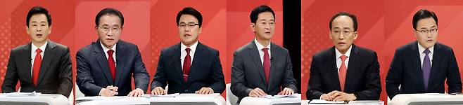 지난달 30일 오후 TBC(대구방송)에서 국민의힘 대구시장 예비후보 경선 비전토론회에 참석한 유영하, 윤재옥, 이재만, 최은석, 추경호, 홍석준 예비후보의 모습. /이용선기자