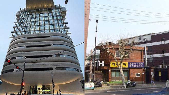 ▲좌측 사진은 31일 아이아이컴바인드 사옥, 우측 사진은 2019년 2월 같은 부지의 네이버 로드뷰 모습 (사진=송윤주기자)