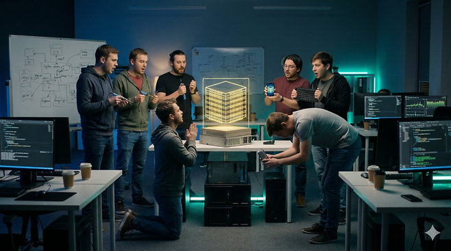 HBM 용량을 높이는 데 매몰된 현재의 인공지능(AI) 하드웨어 경쟁은 저장 강박에 불과한다. 진정한 AI 지능은 데이터라는 강물의 흐름과 얽힘 속에서 발생한다. 스펙 증명이 아닌 흐름의 본질에 집중해야 한다. /구글 제미나이 나노바나나 제작 이미지