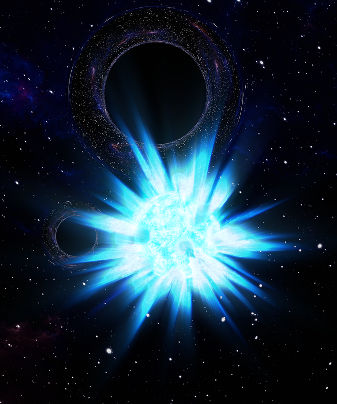 별이 폭발하는 장면. 그 배경에 서로를 공전하는 쌍성 블랙홀의 모습이 희미하게 담겨 있다. 스윈번공과대 제공
