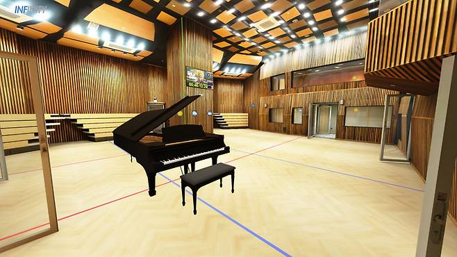 티랩스가 실감 3D 디지털트윈으로 구현, 완성한 인피니티뮤직 스튜디오 모습. 악기 배치 및 공간의 실측 크기를 한눈에 확인할 수 있도록 구현했다.