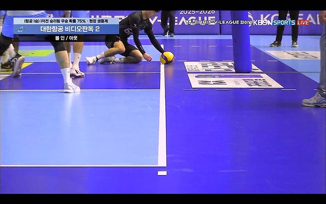 4일 열린 대한항공과 현대캐피탈의 챔프전 2차전에서 나온 비디오 판독 화면. 대한항공 마쏘가 블로킹한 공이 라인에 걸쳤다. 판정은 인. 중계화면 캡처