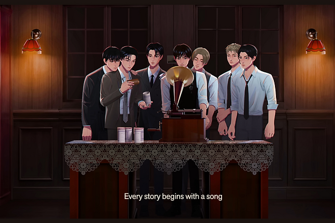 7명의 멤버가 에디슨의 축음기를 통해 첫 음반인 아리랑을 듣고 있다.-유튜브 BANGTANTV./한국대중음악박물관 제공