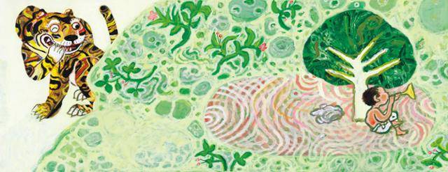 굶주린 호랑이가 산속에서 웃통을 훌렁 벗고 나팔을 부는 아이를 발견한다. 보리 제공