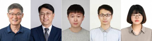 UNIST 연구진. 왼쪽부터 백종범 교수, 임한권 교수, 연훠 샤오 연구원(제1저자), 루난 관 연구원과 구지원 연구원(이상 공동 제1저자)(사진=UNIST)